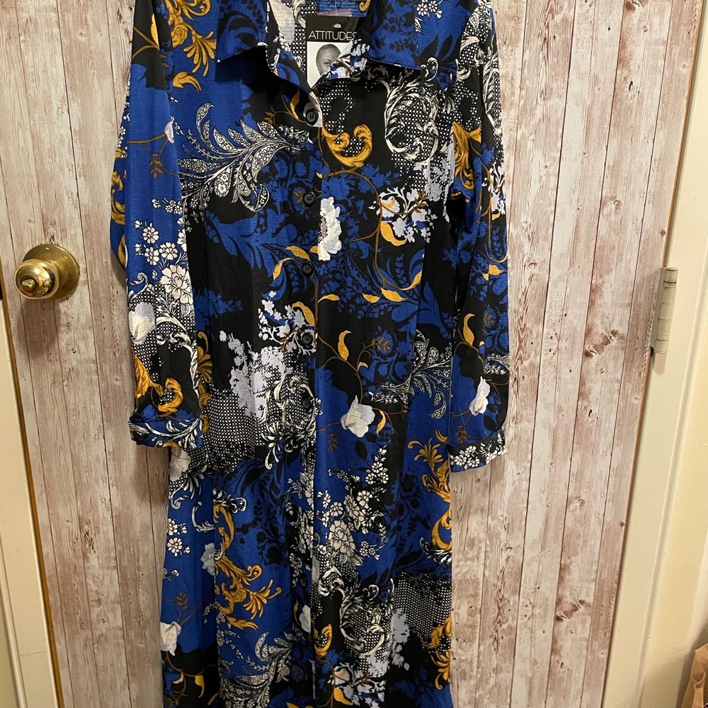 Attitudes by Renee Blue and Black Long Sleeve Dress with Gold Accents